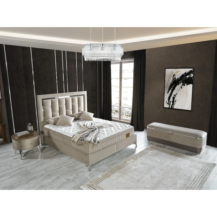 Schlafzimmer-Set "Tiva" – Bett mit Bettkasten und Matratze , Nachttisch, Bettbank-Beige – Bild 2