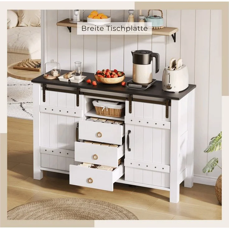 SeedWave Buffet Retro Küchenschrank 120cm Sideboard mit 2 Schiebetüren, Schubladen Anrichte inkl. 2 höhenverstellbare Metallfüße, Kippschutz-Set – Bild 2