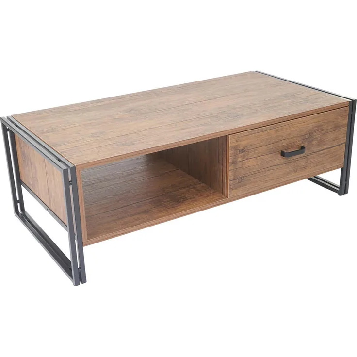 MCW Couchtisch A27, Wildeiche mit 3D-Struktur, 2 Schubladen, 120x41x60 cm, Metall-Doppelrahmen, Industrie-Design