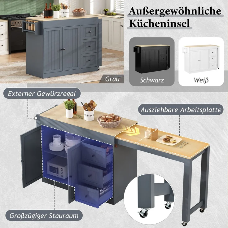 Merax Kücheninsel auf Rollen, Ausziehbarer Essbereich Kücheninsel mit Gewürzregal und Schubladen, Mobile Kücheninsel freistehend, Ideal für Küche und Esszimmer (Grau) – Bild 6