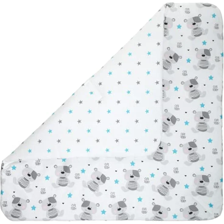 Medi Partners Steckkissen 100% Baumwolle 75x75cm Einschlagdecke Babyhörnchen doppelseitig weich ganzjährig multifunktional antiallergisch Babys (Teddy mit blauen Sternen) – Bild 3