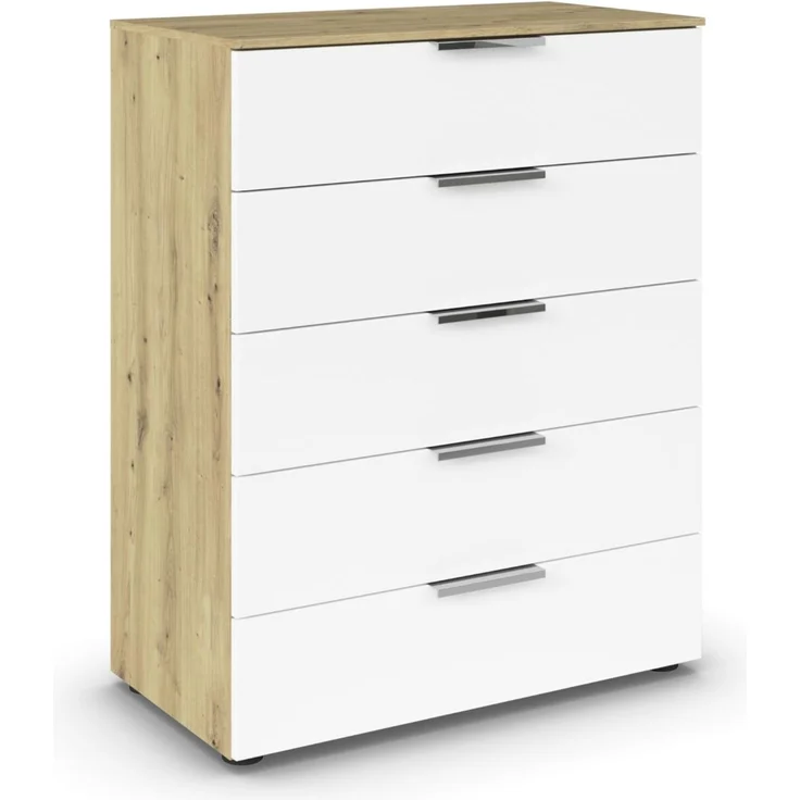 Rauch Möbel Flipp, Kommode für Schlafzimmer, Kinderzimmer, Wohnzimmer, Jugendzimmer, Flur, Garderobe, 5 Schubladen, mit Softclose Funktion, Farbe Eiche Artisan, Holz/Weiß, Breite 80 cm