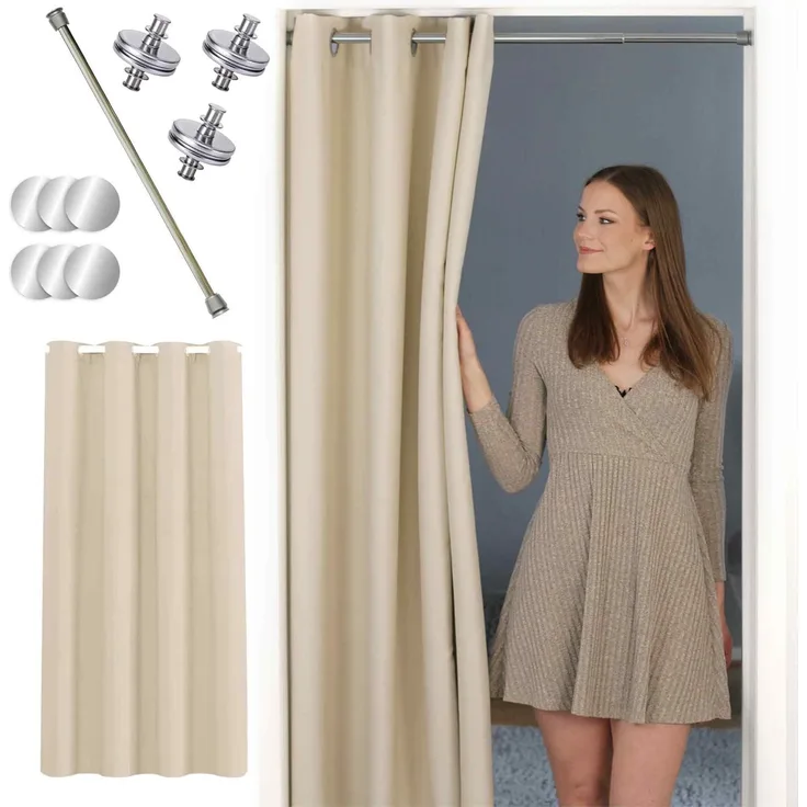tinycurtains Türvorhang mit Stange silber 70-120 cm Thermo Vorhang ohne Bohren, blickdicht, Ösen, abdunkelnd, Polyester, beige Driftwood, Türgardine mit Klemmstange Raumteiler verdunkelnd