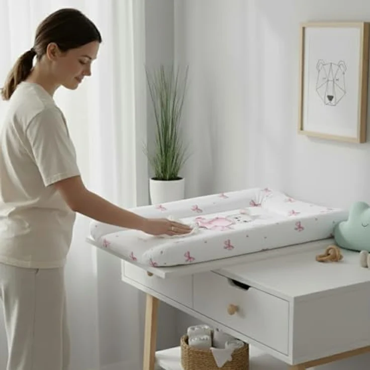 Wickelauflage 50x70 cm, Weiß mit Mädchen-Häschen – abwaschbar & wasserdicht, weich für Neugeborene – Wickeltischauflage für Wickelkommode – Baby Wickelunterlage, schnell abwischbar – Bild 7