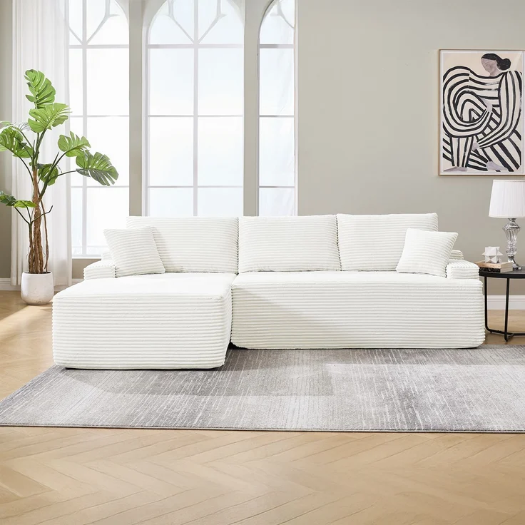Juskys Sofa Coredo - modernes Cord Sofa mit Ottomane links, gemütliche Couch mit Schaumstoffpolsterung, Cordbezug & Kissen, modular - Creme – Bild 2