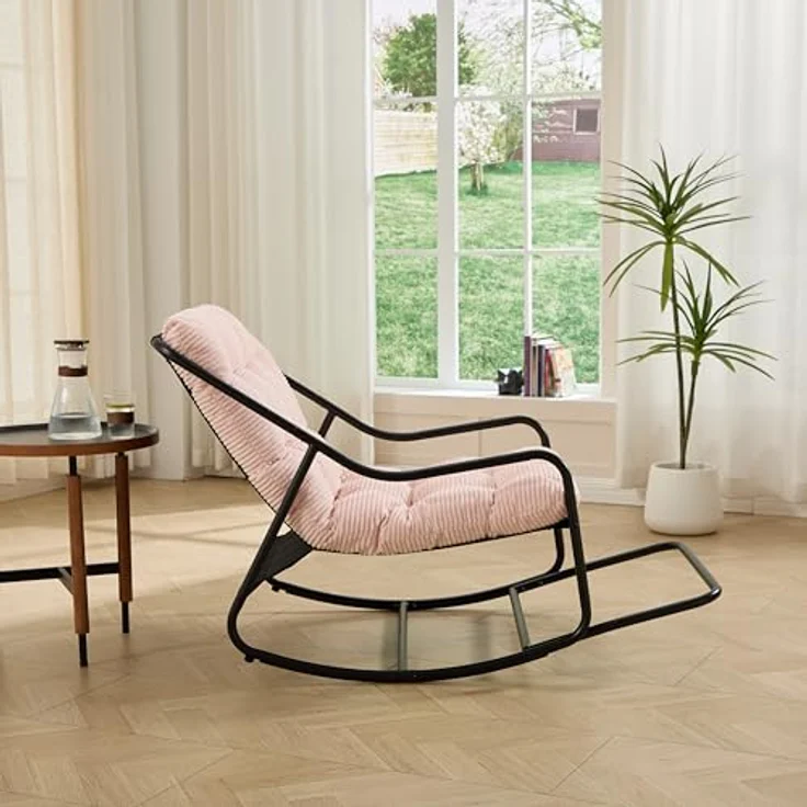 Ball & Cast Schaukelstuhl für Drinnen & Draußen, Rocking Chair mit Gepolstertem Kissen und Fußstütze, Balkonsessel für Wohnzimmer, Garten & Terrasse, Rosa – Bild 3