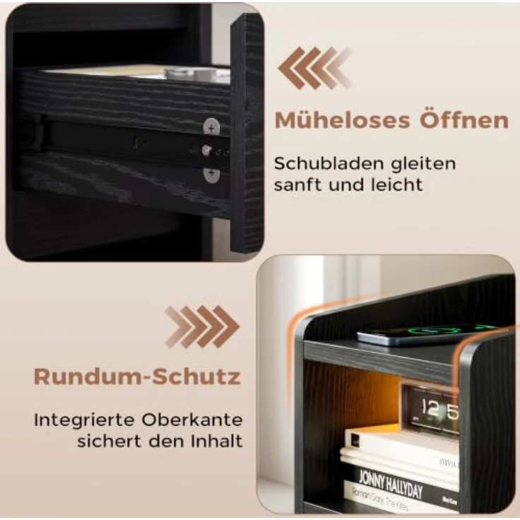 IRONCK Nachttisch 2er Set mit Ladestation und LED (Schwarz) | Weiß Nightstand mit 2 Schubladen, Nachtschrank für Schmale Räume Schlafzimmer, Wohnzimmer, Modern Narrow Bedside Table – Bild 10