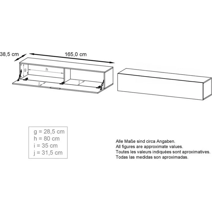 InnoFurn Lowboard Lia hängendes Tv-Board (hängender Fernsehschrank, Weiß matt/Weiß Hochglanz (38,5 x 165 x 30 cm), hängendes Tv-Board, Moderner Fernsehschrank 165 cm lang Fernsehtisch – Bild 4
