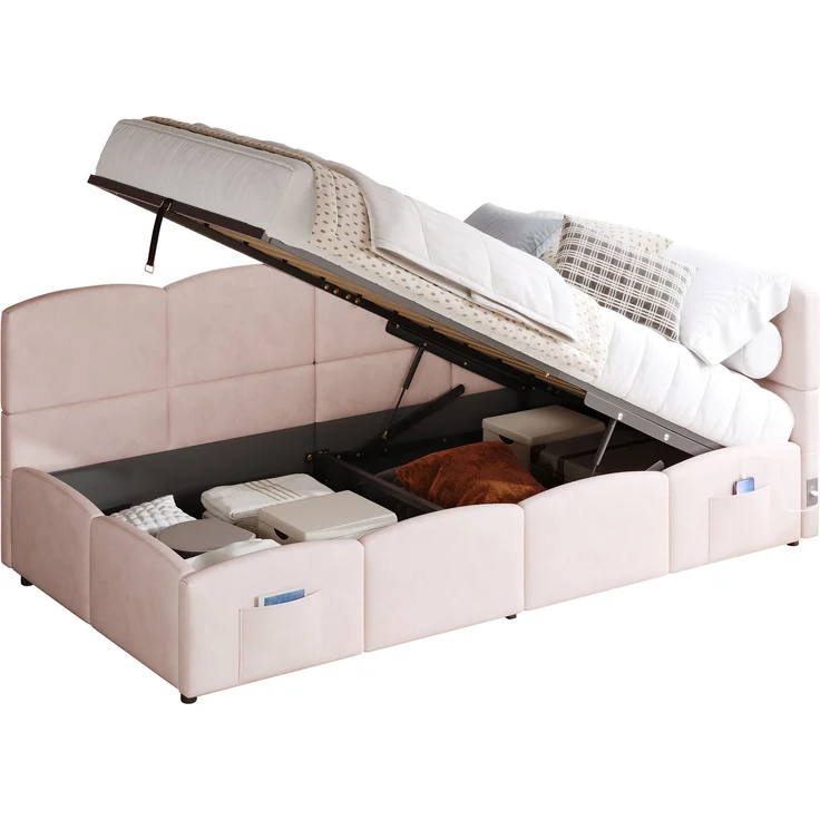 ZUBALIYA Schlafsofa 90 x 200 cm mit hydraulischem Bettkasten, USB-Anschluss, USB-C-Anschluss, Samt, Rosa – Bild 13