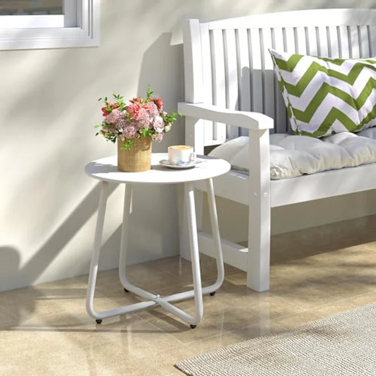 HollyHOME Beistelltisch Outdoor Balkontisch Klein Gartentisch Rund Beistelltisch Metall Wetterfest Loungetisch Outdoor Couchtisch für Patio Terrasse Wohnzimmer, Weiß – Bild 2