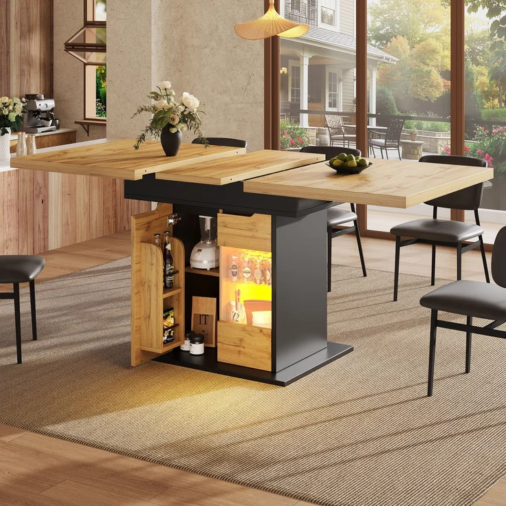 Esstisch Teleskoptisch(110-140×80cm), klappbarer Küchentisch für 4-6 Personen, Ausziehbarer Esstisch ,platzsparender Küchentisch, Tisch mit LED-Beleuchtung und Snackablage Schranktüren – Bild 2