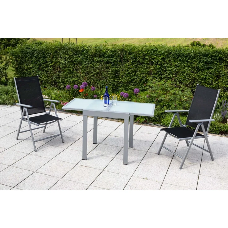 Amalfi Set 3tlg, 2 Klappsessel, Balkonausziehtisch 65 (130) x 65 cm matte Glasplatte, schwarz – Bild 1