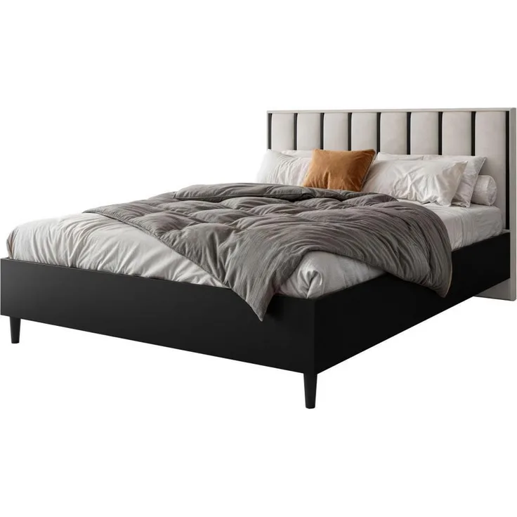 Beautysofa Polsterbett, 160x200 cm, Schwarz-Beige, mit Bettzeugbehälter und gepolstertem Kopfteil, Schlafzimmermöbel