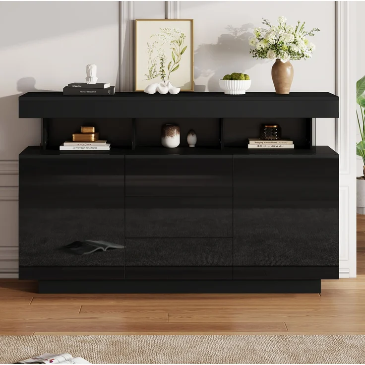 DESVIAE Sideboard mit LED-Beleuchtung und 3 Schubladen 140x80x35 cm Spanplatte/Acryl Schwarz – Bild 3