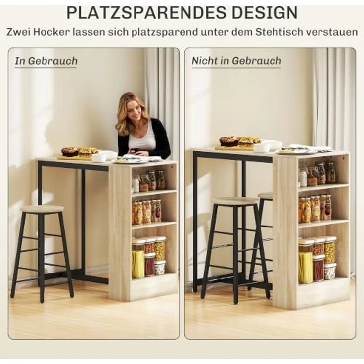 HOMCOM Bargruppe Küchentresen mit 2 Barstühlen, Fußstütze und verstellbaren Ablagen, (Bartisch mit Barhocker Set, 3-tlg, Bartisch-Set), im Modern-Stil, platzsparend, für Esszimmer, Küche, Stahl, Eiche – Bild 5