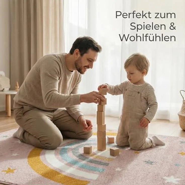 Jimri Kinderteppich DOTS l Pünktchen Gepunktet | Farbe: Beige Blau Rosa | Kinderzimmer/Jugendzimmer (Pink, 120x170 cm) – Bild 5