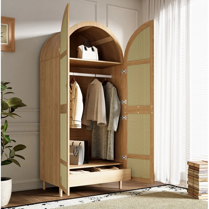 DESVIAE Garderobenschrank mit Rattantüren und Schubladen 80x179x50 cm MDF/Spanplatte Natur – Bild 3