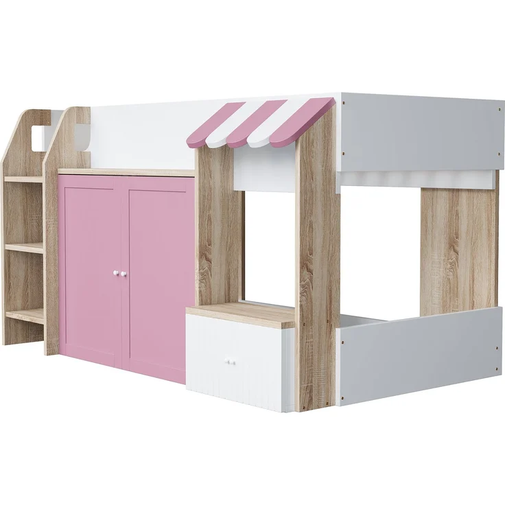 Kinder Hochbett 90x200 niedrig mit Haus-Design - Spielbett mit zweiter Liegefläche, Stauraum, breiter Leiter, weiß & Rosa – Bild 8