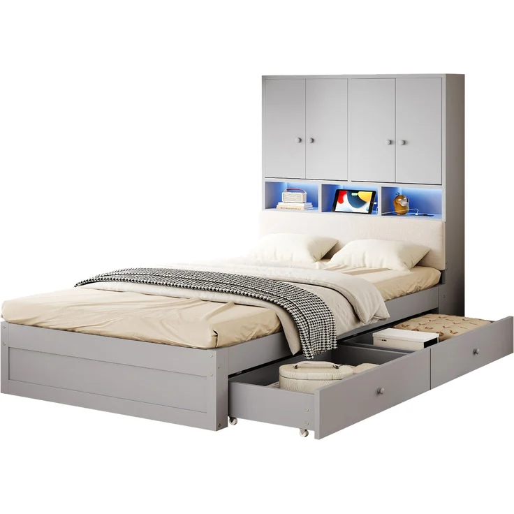 Multifunktionales Holzbett, 90 x 200 cm, mit gepolsterter Rückenlehne, Kopfteil mit Stauraum, Ablagefächern, LED-Beleuchtung und Steckdose, mit Schublade und Lattenrost, Einzelbett, Jugendbett, Grau – Bild 6