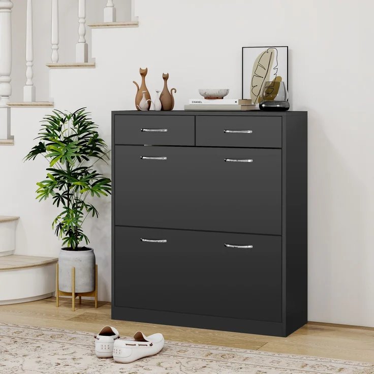 Mobiler Schuhschrank für 12 Paar Schuhe mit 2 verstellbaren Einlegeböden und 2 Schubladen, aus Holz, 80 x 30 x 91,5 cm, schwarz – Bild 4