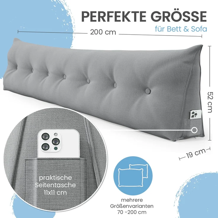 ELONEO Rückenkissen Bett- und Rückenstützkissen >Grau< 200cm – Bild 2
