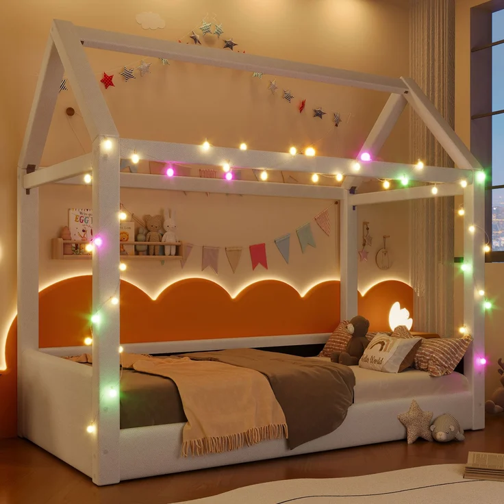 Gepolstertes Tagesbett 90x200 cm mit Haus-Design, LED-Lichtleisten und Leinenbezug, Beige – Bild 5