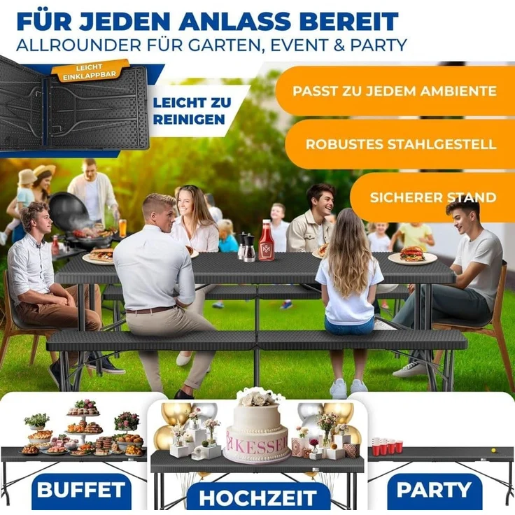 KESSER® Buffettisch Tisch klappbar Kunststoff 183x76 cm Rattan Optik Campingtisch Partytisch Klapptisch Gartentisch für Garten Terrasse und Balkon zusammenklappbar 6 Personen ink. Tragegriff Schwarz – Bild 3