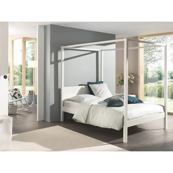 Himmelbett Alysa Vipack inkl. Rolllattenrost + Himmelgestänge Kiefer massiv FSC zertifiziert 140×200 cm Weiß – Bild 2