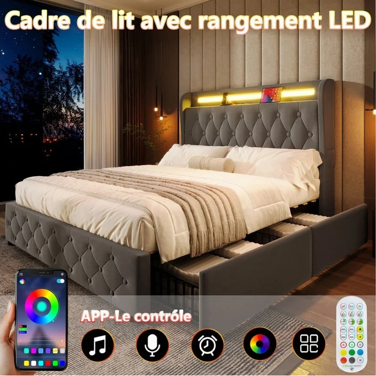 STILVORA Polsterbett 140x190 Stauraumbett mit Schubladen Jugendbett mit LED Samt-Stoff (Packung, 1-tlg, Kopfteil mit Einlegeböden und Stauraum), Doppelflachbett mit 4 Schubladen, Samt (ohne Matratze) – Bild 3