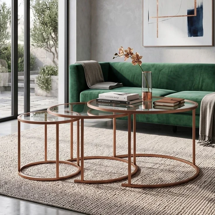 Skye Decor Couchtisch Japandi (3-St, 3-teilig), 3-teiliges Design mit gehärteter Glasplatte und Metallgestell – Bild 3