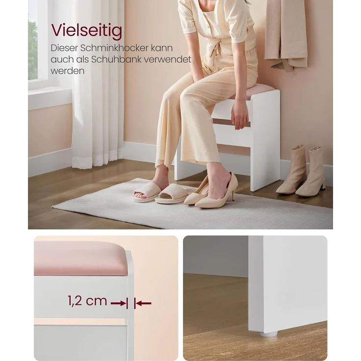VASAGLE Schminktisch, mit LED-Beleuchtung, einstellbare Helligkeit, Frisiertisch mit Spiegel, Hocker, Kosmetiktisch mit 2 Schubladen und 3 offenen Fächern, modern, wolkenweiß und pastellrosa RDT720W01 – Bild 9