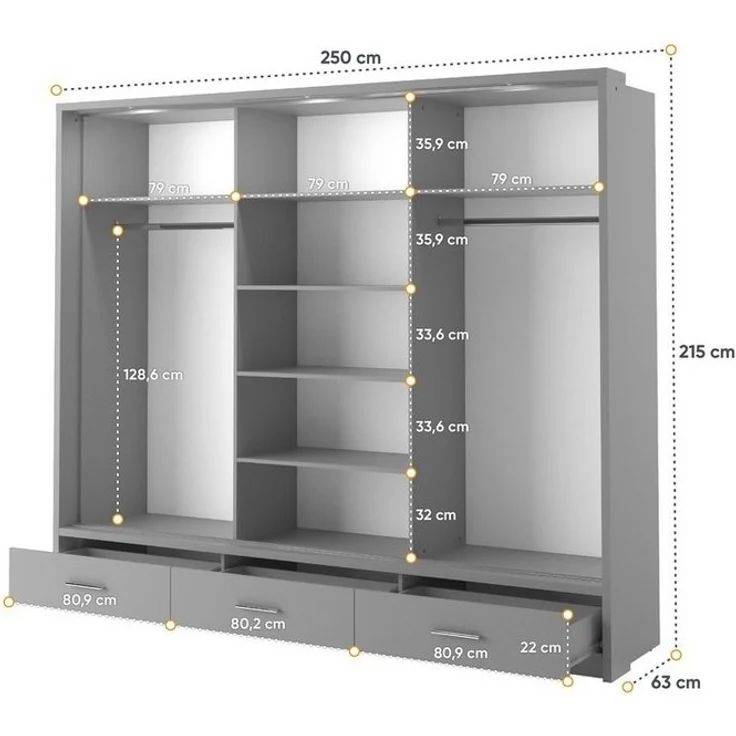 Compleo Kleiderschrank ARTI 01 mit 3 Schubladen, mit Spiegel, 3-türig Schwebetürenschrank – Bild 3