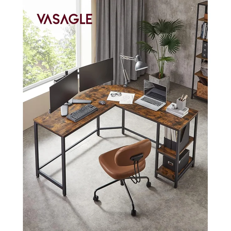 VASAGLE L-förmiger Eckschreibtisch mit 2 Ablagen, Industrie-Design, Vintagebraun/Schwarz, 138x138x76cm – Bild 4