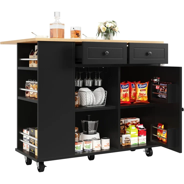 Merax Kücheninsel mit herausnehmbaren Trennwänden, Küchenschrank, Esszimmerwagen mit Arbeitsplatte, Buffetschrank, Esszimmerwagen mit Holzmaserung, ausgestattet mit Snackhalter und Weinglasregal, schwarz – Bild 10