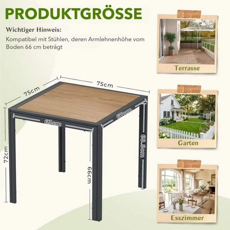 TLGREEN Gartentisch 75×75×72 cm, DPC Balkontisch, (Quadratischer Terrassentisch mit Metallgestell), Rutschfester Esstisch Outdoor für Kleinen Balkon – Bild 3