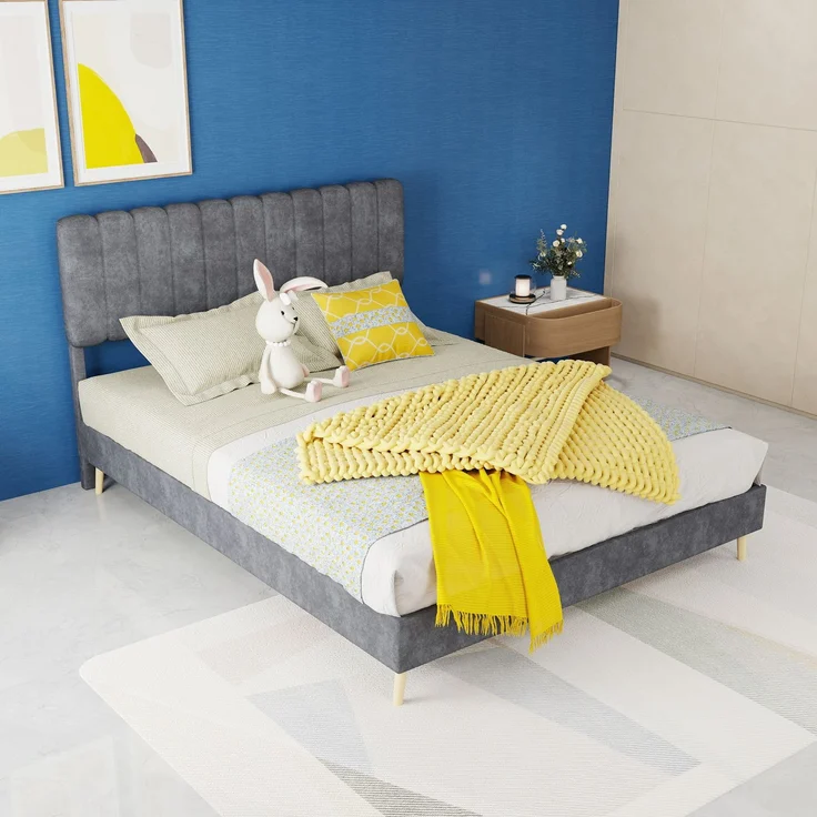 Novelux Polsterbett 140x200 cm mit Weichem Kopfteil – Stabiles Plattformbett aus Holz & Samt Grau, Modernes Minimalistisches Bettgestell ohne Matratze – Bild 10