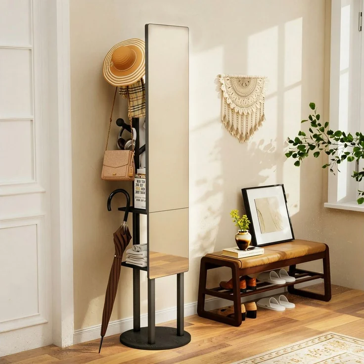 Yorbay Garderobenständer 360° drehbarer mit Ganzkörperspiegel & Haken, multifunktionaler Kleiderständer, 174x40cm – Bild 1