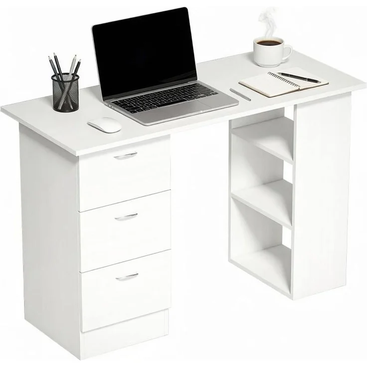 Schreibtisch aus MDF mit 3 Schubladen und 3 Regalen, 120x49x72 cm, Weiß – Bild 4