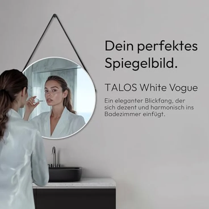 Talos White Style runder Wandspiegel Ø 80 cm, matt weißer Aluminiumrahmen, Badezimmerspiegel mit Aufhängeband, modernes Design für Badezimmer und Wohnung – Bild 2
