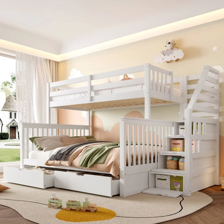 Etagenbett 90x200 & 140x200 cm, Kinderbett und Jugendbett, mit Schubladen und Stauraum, Kiefernholz, Weiß – Bild 3