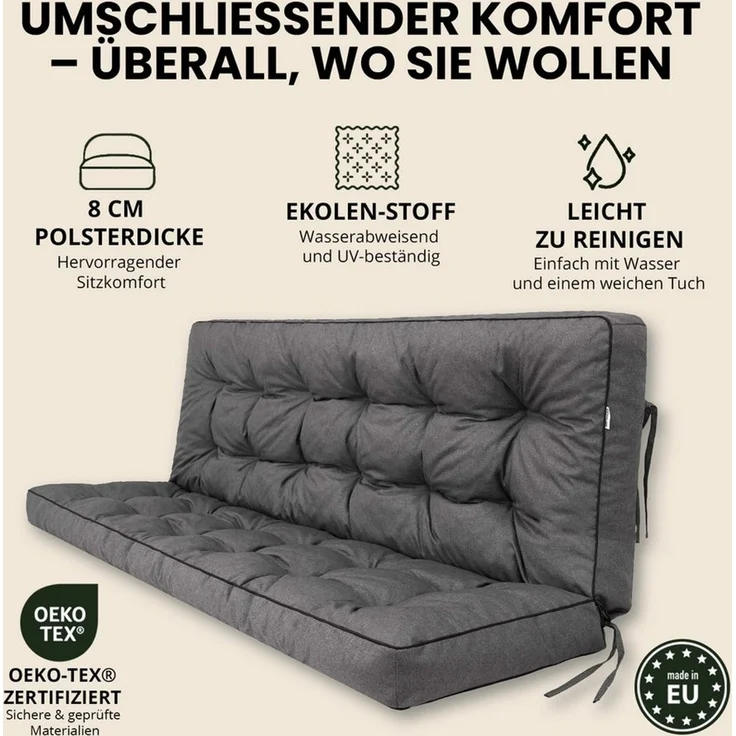 Hobbygarden Bankauflage Polsterauflage POLA 100, 120, 150 oder 180 cm, für Gartenbank & Hollywoodschaukel inkl. 2 Seitenkissen – Bild 2