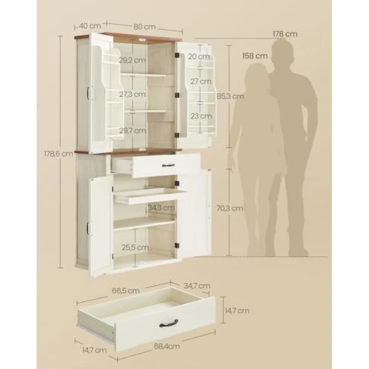 VASAGLE Küchenschrank mit Türen, Landhausstil, Schublade, Ablage und verstellbaren Einlegeböden, vintageweiß, 178,6 x 40 x 80 cm, BBKDE364W02 – Bild 4