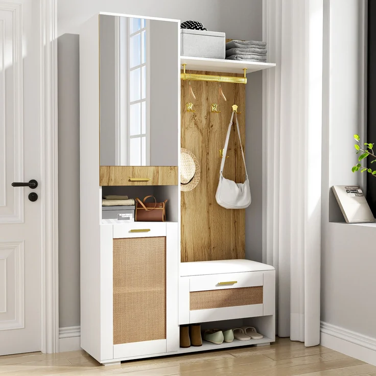 Großer Garderobenschrank mit Spiegel, LED-Beleuchtung 16 Farben, Rattan-Optik Türen, Sitzbank & viel Stauraum für Flur und Eingangsbereich – Bild 5