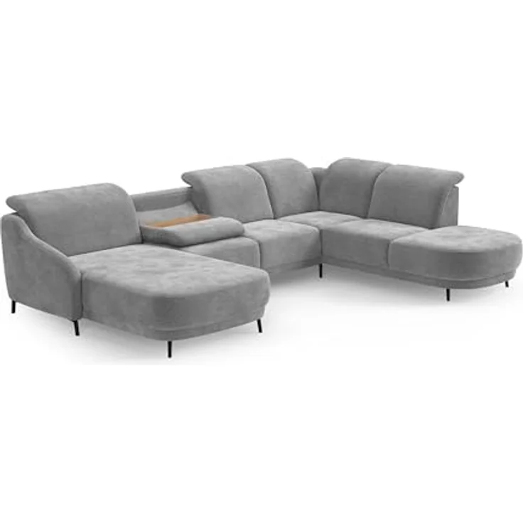 CAVADORE Wohnlandschaft Blue, Sofalandschaft mit Longchair im modernen Design, inkl. kopfteilverstellung, Vorziehsitz motorisch, Klapptisch, mattschwarzen Metallfüßen, Mikrofaser, Mittelgrau – Bild 4