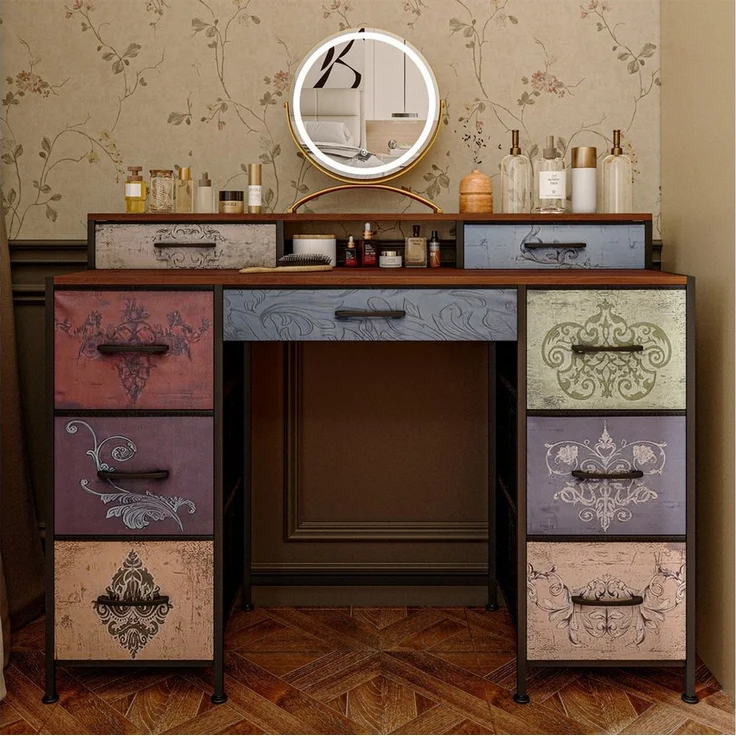 Simurq Schminktisch Schminktisch mit 9 Schubladen, 121 cm Kosmetiktisch (Kommode mit viel Stauraum, Vintage Schminktisch), Mehrzweck-Schreibtisch, Arbeitstisch Schlafzimmer – Bild 3