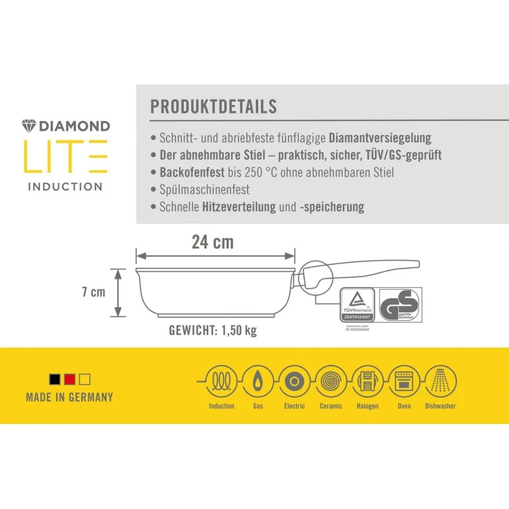 WOLL Guss‑Hochrandpfanne Diamond Lite Induction, abnehmbarer Griff, Ø 24 cm × 7 cm (~2,5 l), Aluminium-Handguss 5‑lagiger diamantverstärkter Antihaftversiegelung, alle Herdarten inkl. Induktion, spülmaschinen‑ & backofenfest bis ca. 250 °C – Bild 3
