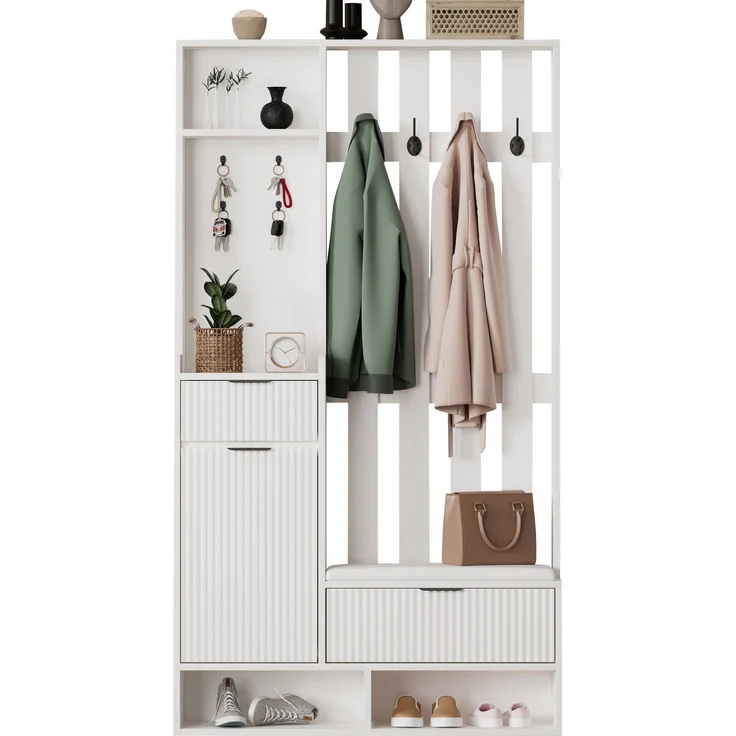 100*30*180cm Garderobenständer 6-in-1, mit 8 Haken, Schuhbank und Ablagen, Kippschutz,Kompaktgarderoben Mit Schubladen und Schränken,100cm breit,Schuhschrank, weiß – Bild 6