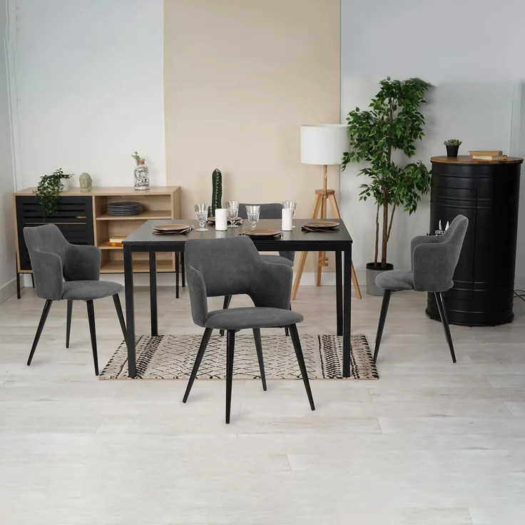 MEUBLE COSY Esstisch mit 4 Esszimmerstühle, Essgruppen, 5er-Set, Ausziehbarer Esstisch, Küchentisch mit 4 Essstühlen, Stahlgestell, für Esszimmer Küche Wohnzimmer, Schwarz + Grau