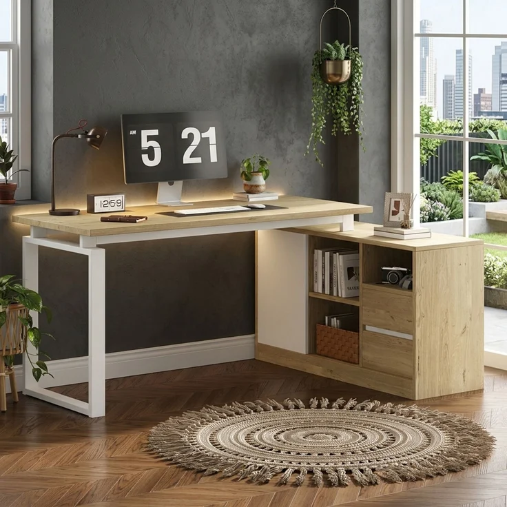 Schreibtisch in L-Form 152x113,5x76 cm, MDF und Metall, mit Stauraum – Bild 2