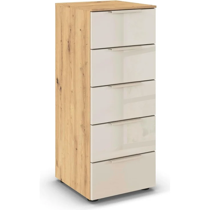 Rauch Möbel Flipp, Kommode für Schlafzimmer, Kinderzimmer, Wohnzimmer, Jugendzimmer, Flur, Garderobe, 5 Schubladen, mit Softclose Funktion, Farbe Eiche Artisan, Holz/Glas Beige, Breite 40 cm